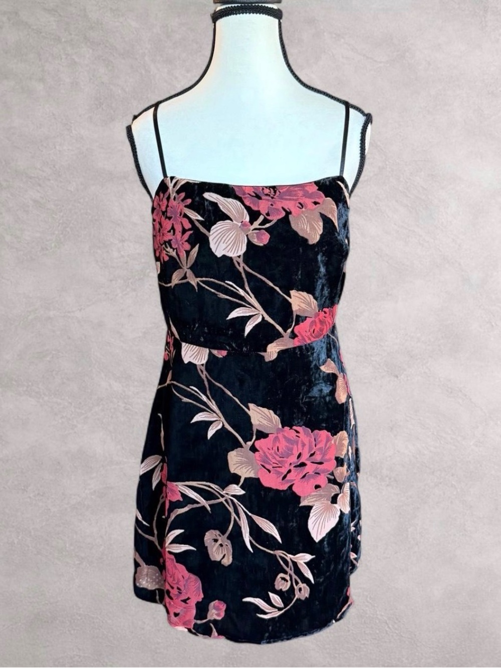 Lush Black Floral Velvet Mini Dress Pink Roses - Size M